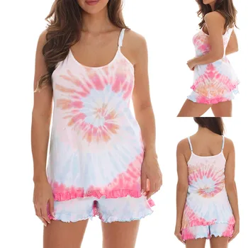 

Summer Women Tie-Dye Printed Pajama Set Sleeveless Loose Tops Drawstring Shorts Ruffle Comfortable Home Loungewear Sleepwear#g3