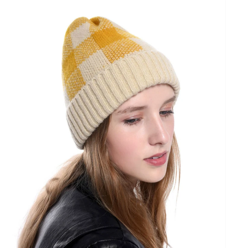 BOoDinerinle Winter Hats For Women Warm Two-color Plaid Hat Warm Knit Beanie Cap Casual Winter Women's Hat
