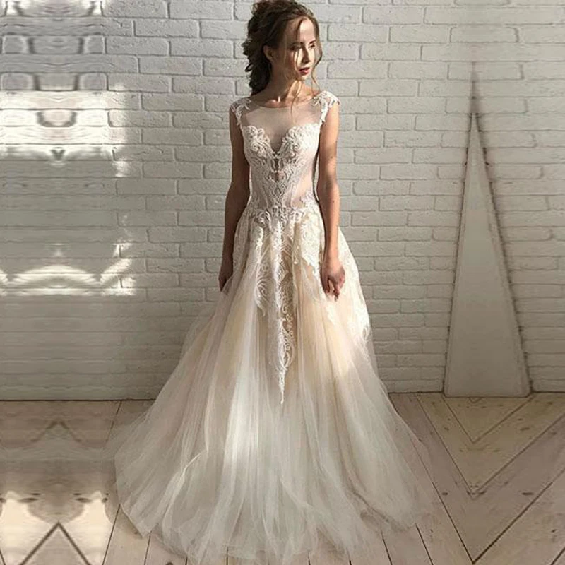 

O Neck Light Champagne Wedding Dresses Floor Length Lace Applique A Line Backless Sleeveless Bridal Dress Vestido De Noiva