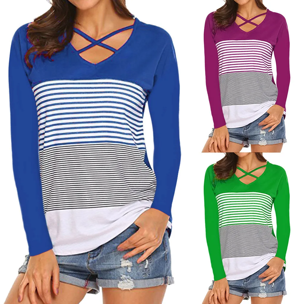 2019 футболка Женская Полосатая с длинным рукавом Повседневные топы Poleras Camiseta Mujer