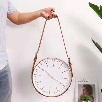 

Modern Rose Gold Wall Clock Nordic Vogue Mute Movement Glass Clock Minimalist Home Decor PU Leather Belt Hanging Clock