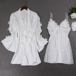 Lace Trim Sexy WHITE Wedding Lady Robe Suit Satin Bride Bridesmaid Kimono Bathrobe Gown Mini Sleepwear Intimate Lingerie