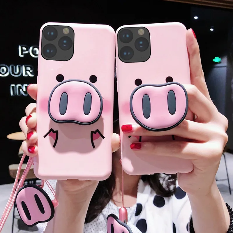 

Cute Cartoon Pig Nose Soft Phone Strap Rope phone Case For iPhone 11 case Cover 7 7plus 6 6S 8 plus X XR XS MAX 11 pro fundas