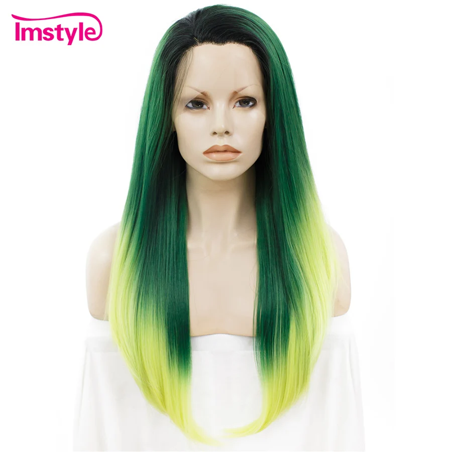 

Imstyle Ombre Green Wig Straight Synthetic Lace Front Wig For Women Natural Dark Root Heat Resistant Fiber 24 inch