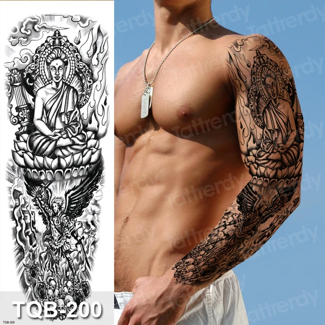 Grand tatouage temporaire étanche pour hommes, manches bras, robot mécanique noir, tête de lion tribal, design king fox 2