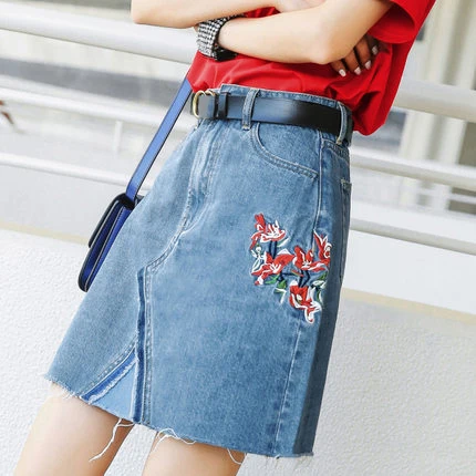 2020 Летняя джинсовая юбка для женщин с завышенной талией и вышивкой Необычные