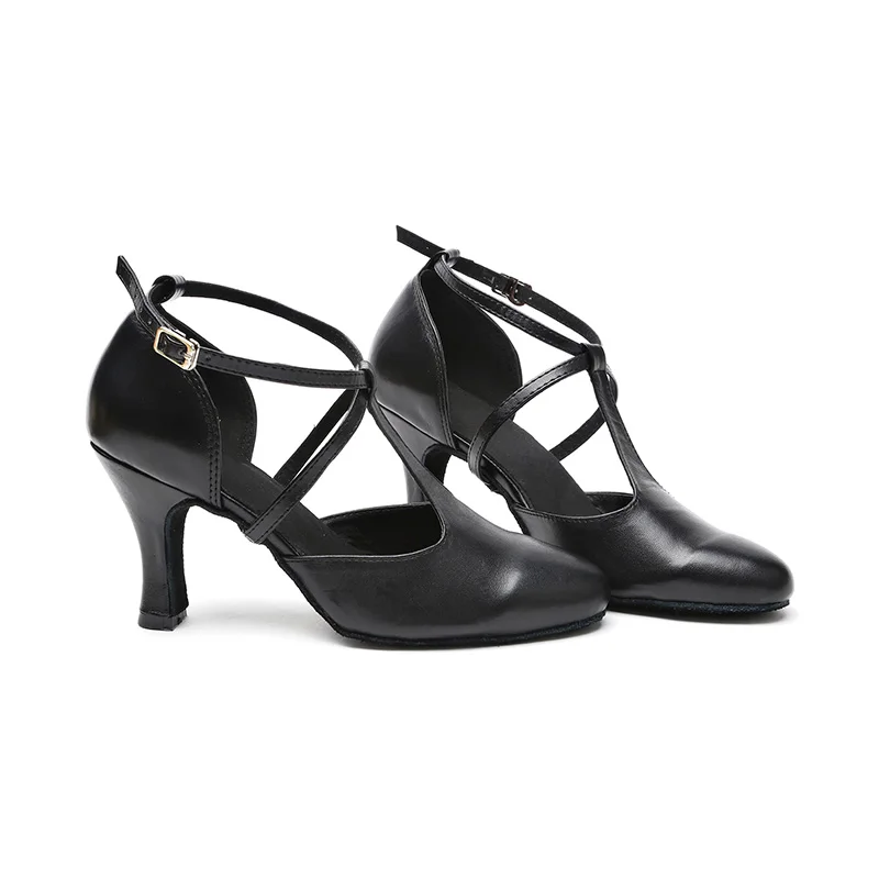 DKZSYIM Black Latin Dance Shoes Close Toes Ballroom Leather Tango Dancing Shoes Soft Suede Soles Party T-shape Dance Shoes Hells 3