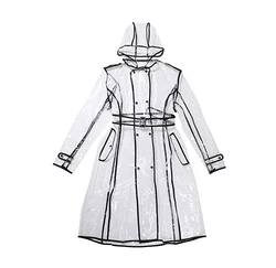 Ultra - Clear Hooded Raincoat with Belt - Unisex Fashionable Waterproof Jacket - L (Black)