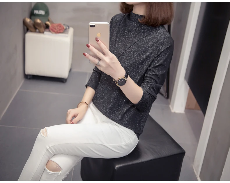 Plus Size Bright Silk Tops Tee Shirts Women 2020 Autumn Trendy Turtleneck Long Sleeve Office Lady Basic T-shirts Oversize Tshirt