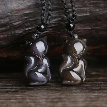 

1pc Natural Ice Obsidian Bead Necklace Hand-Carved Fox Jade Pendant Fashion Charm Auspicious Jewelry for Man Women Amulet Gifts
