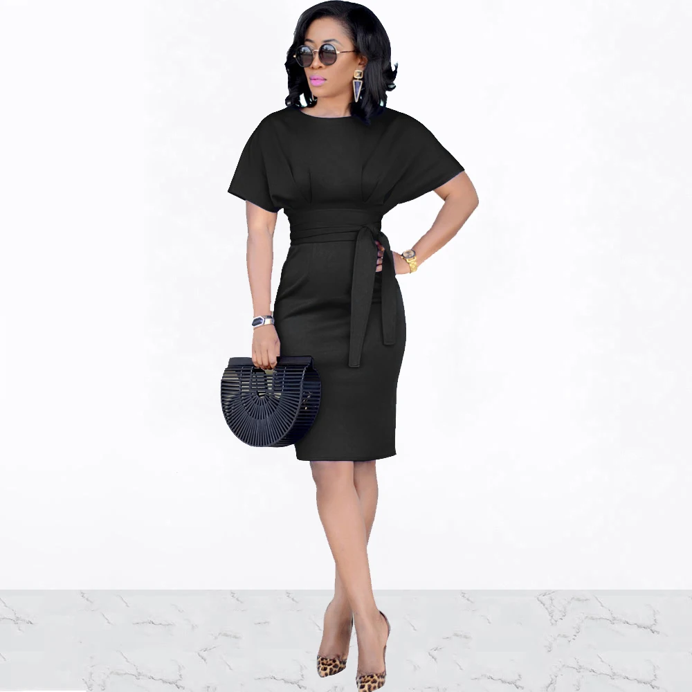 

Women Sexy Solid O-Neck Short Sleeve Knee-Length Bodycon Dress Summer Female Elegant Plus Size Midi Dresses With Sashes
