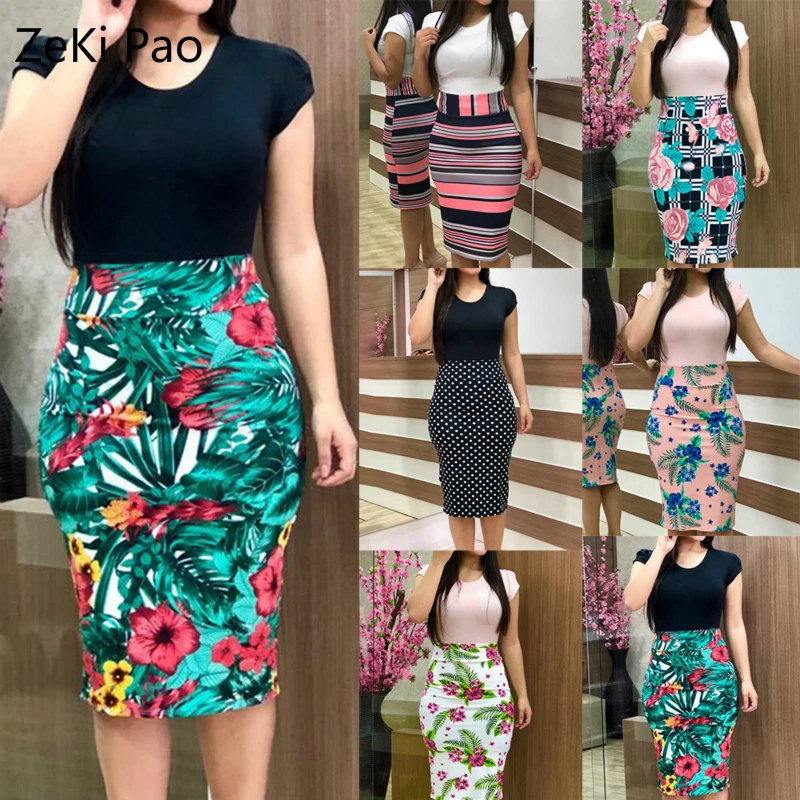 

2020 Spring and Summer Round Neck Short-sleeved Printed Dress Bag Hip Mid-length Sexy Dress Elegant Casual Office Clothing