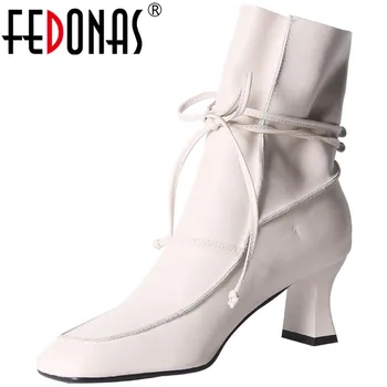 

FEDONAS Fashion Ladies Ankle Boots Boots Genuine Leather Cross Tied High Heels Shoes Woman Newest Winter Wedding Women Boots