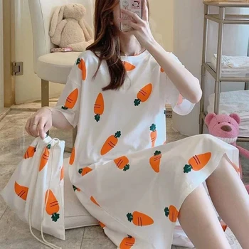 

Women Plus Size Short Sleeve Dress Cartoon Duck Rainbow Carrot Print Nightgown Long Loose Sleepwear with Bag
