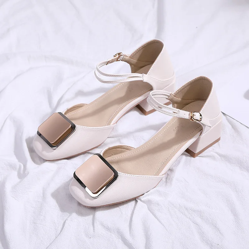 A- line with Square Buckle Shoes New Style Autumn Korean-style Versatile Chunky-Heel Square Head Hallow Large Size WOMEN'S