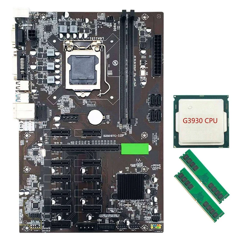 Материнская плата для майнинга B250 BTC LGA 1151 с ЦП G3930 + 2X DDR4 4 Гб 2666 МГц ОЗУ SATA 3 0 USB