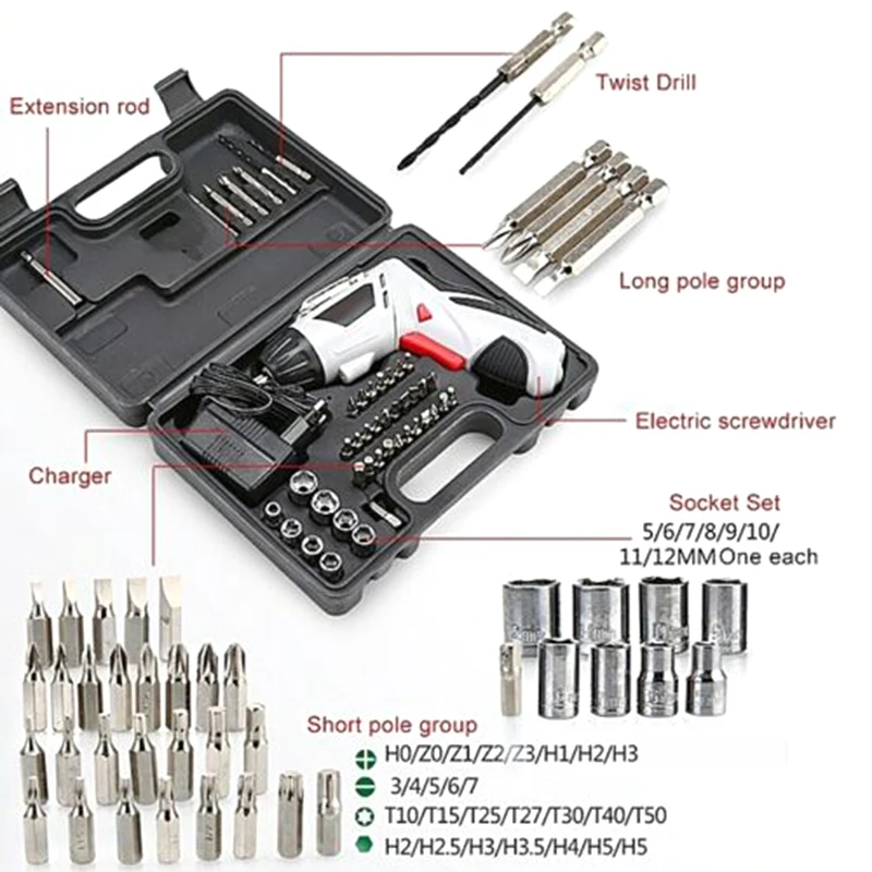 

45pcs/set Screwdriver Drills Set 4.8V Electric Rechargeable Cordless LED Light Power Screwdriver Drill Set