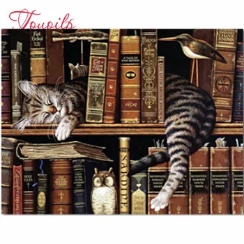 

Bricolage 5D plein diamant chat et livres ronde strass diamant peinture point de croix kits diamant broderie modèles