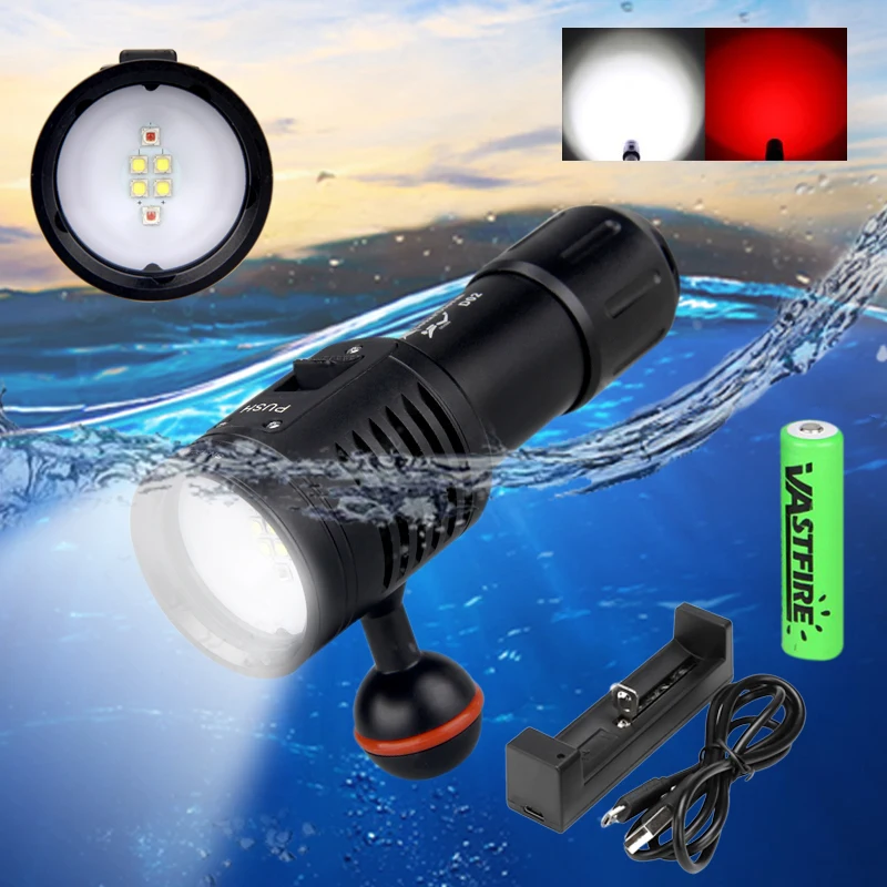 

Powerful Lumens White+Red Light color Diving Flashlight LED Torch Underwater 100M Video Camera Photography Lamp for 18650