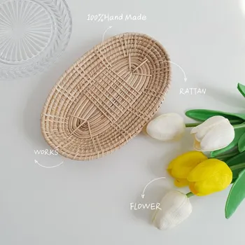 

1PCS Rattan Bread Storage Tray Dinner Coffee Breakfast Serving Tray Oval Hand-Woven Tea Tray