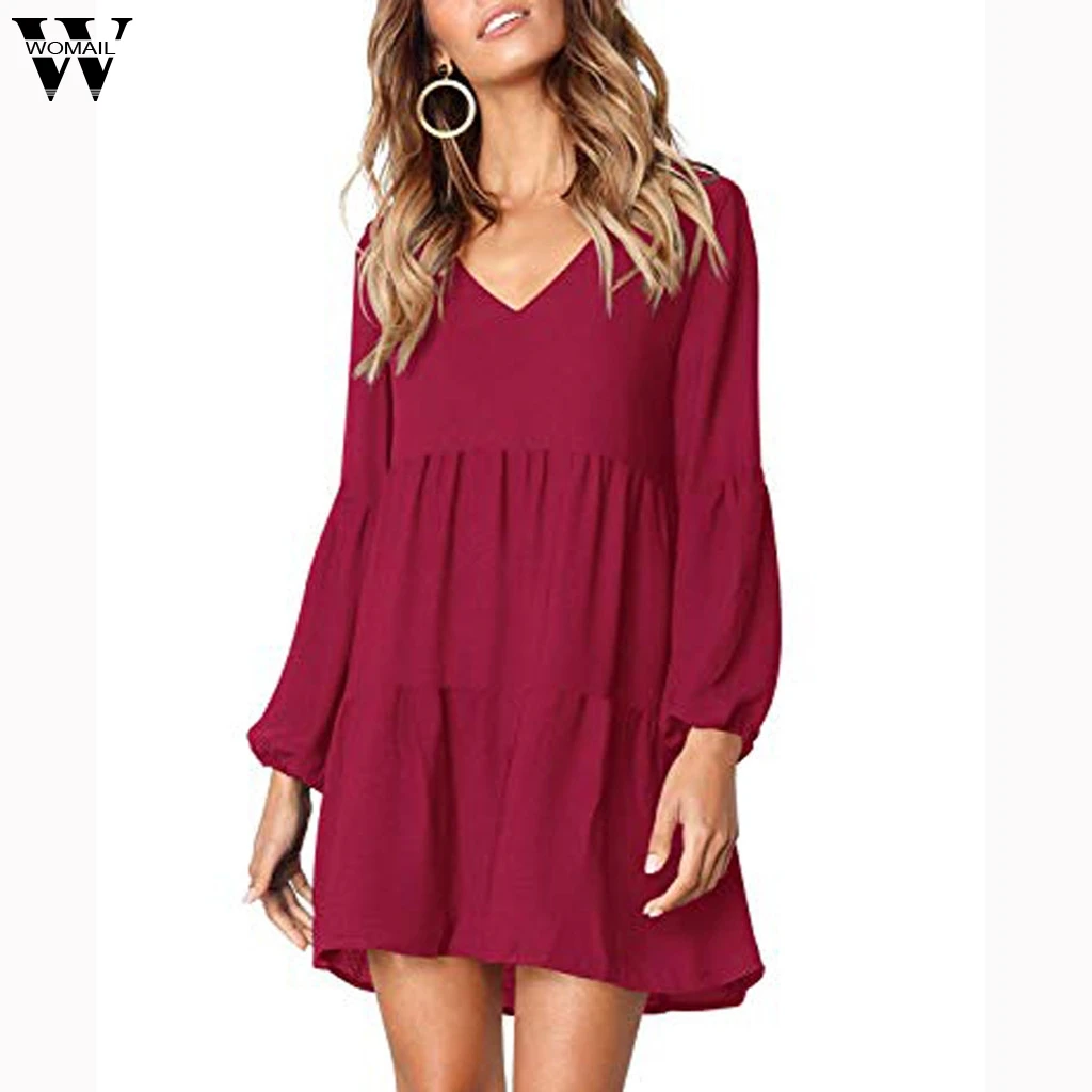 

Womail Plus Size Dress Women's Vestidos Draped Lantern Sleeve Straight Dress V-Neck Long Sleeve Vintage Casual Oversize Dress