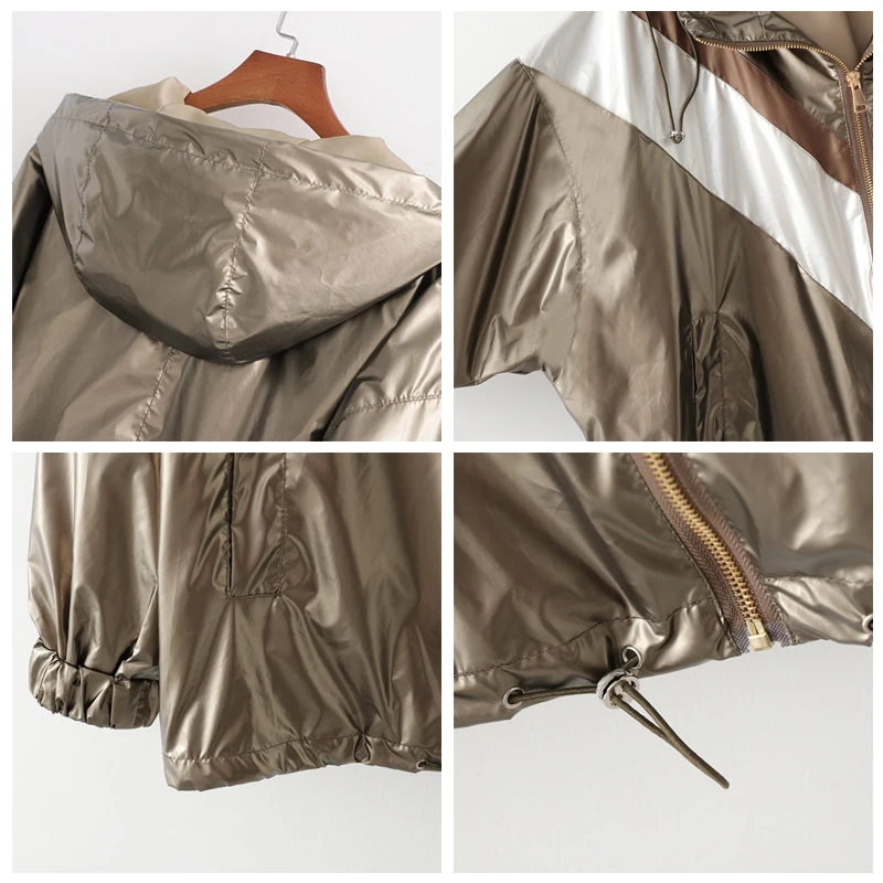 ROHOPO Лоскутная куртка с капюшоном металлического цвета Мягкая металлическая молния кардиган Свободная верхняя одежда#2565