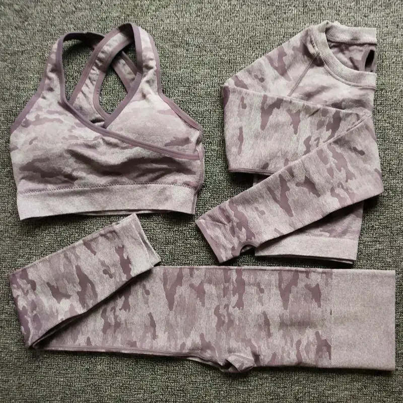 3 IN 1 SET PURPLE Комплект для йоги из 3 предметов, женские бесшовные камуфляжные топы с длинными рукавами, леггинсы с высокой талией, спортивные камуфляжные костюмы, облегающие для тренировок, брюки - Цвет: 3 IN 1 SET PURPLE