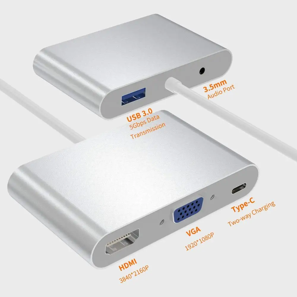 USB-C адаптер 5 в 1 Thunderbolt 3 концентратор USB type C к HDMI VGA 3,5 мм разъем USB адаптер с Тип-C Мощность доставки для MacBook Pro