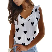

80%HOT Fashion Women Vest Heart Print Sleeveless V Neck Ruffle Loose Blouse T-shirt for Summer