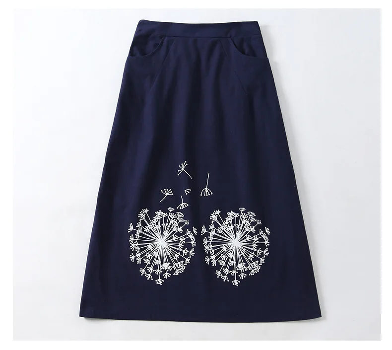 

Dandelion Printed Cotton Linen Skirt 2018 Spring And Summer New Style Mid-length Retro Elegant A- line Skirt Loose And Comfortab
