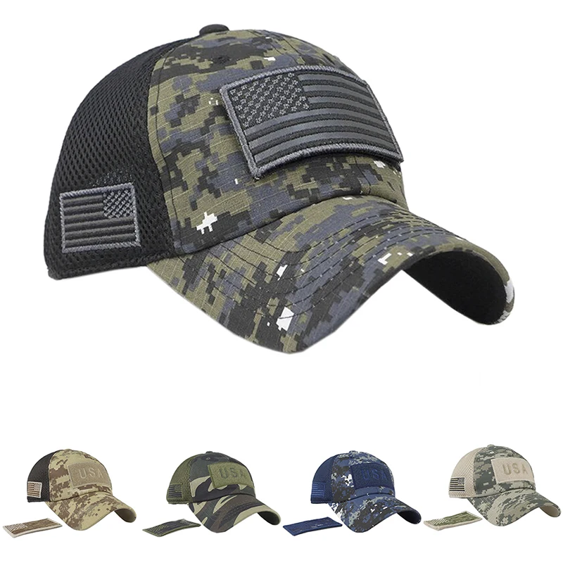 

Tactical Camouflage Baseball Caps Men Summer Mesh Military Army Caps Constructed Trucker Cap Hats With USA Flag Patches
