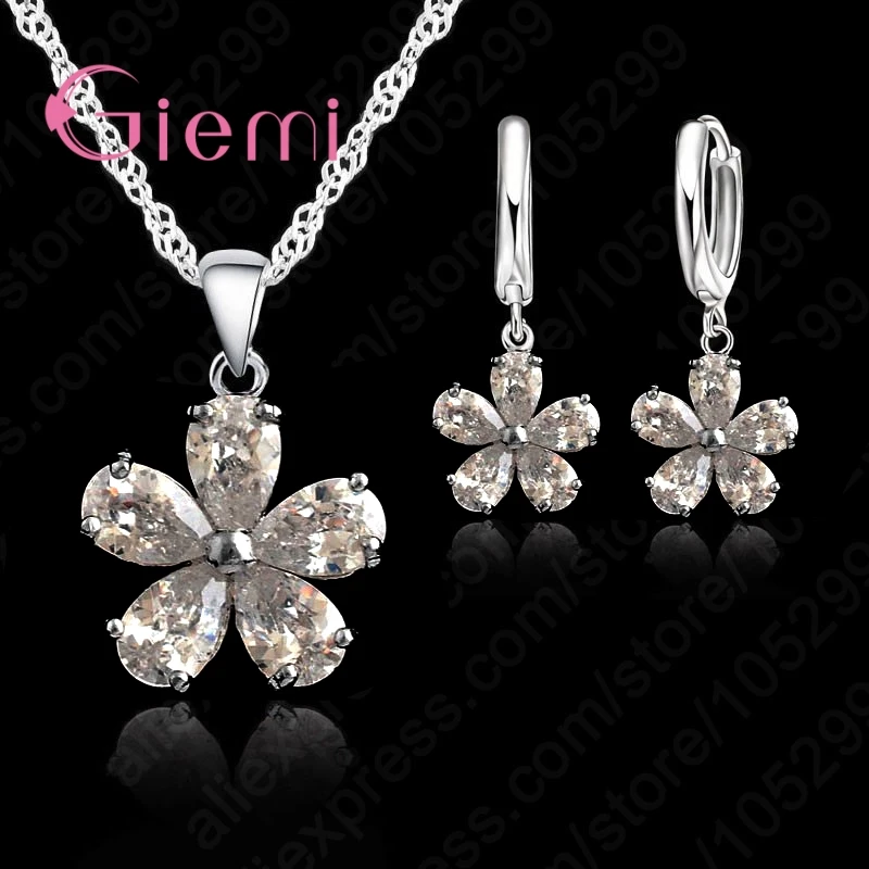 

Cute Flower Shape Women Girls Party Engagement Jewelry Set 925 Sterling Silver Necklace Earrings Lovely Set High Quality