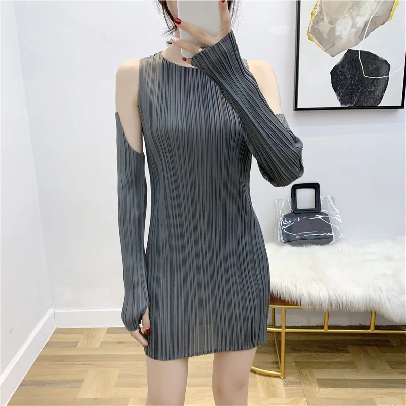 Miyake модное короткое однотонное платье с короткими рукавами и круглым вырезом