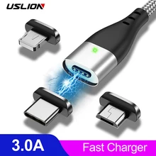 USLION Магнитный Micro USB кабель для iPhone Samsung 3A Быстрая зарядка