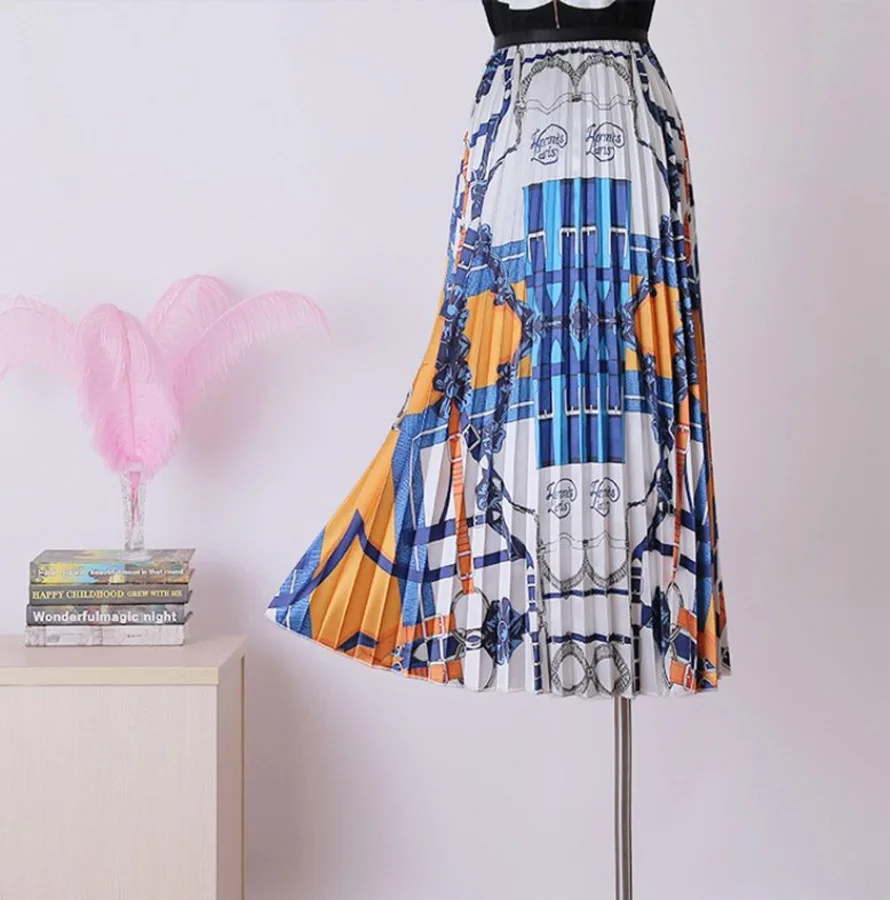 eDressU Vintage Pleated Skirt Floral Print Midi Long Skirt A-Line Stretchy High Waist Bottom Skirt LS-9853