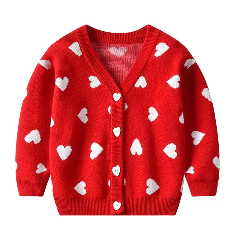 Осенний вязаный свитер с длинными рукавами и принтом любящего сердца для маленьких детей, кардиган, детский бархатный пуловер для девочек, джемперы - Цвет: red