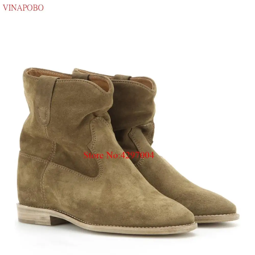 Vinapobo/осенне-зимние женские ботинки, увеличивающие рост замшевые ботинки на высоком каблуке с круглым носком ботильоны без застежки - Цвет: as the picture