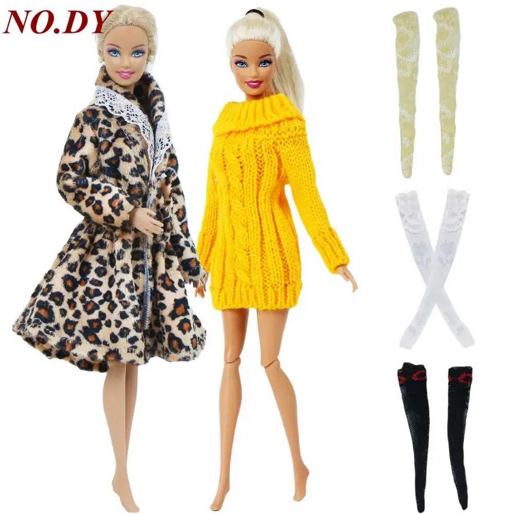 5 шт./компл. Модный зимний наряд для куклы Барби 1x пальто 1x свитер случайный смешанный 3x, чулки, одежда аксессуары игрушки 12 ''куклы - Цвет: NO.DY