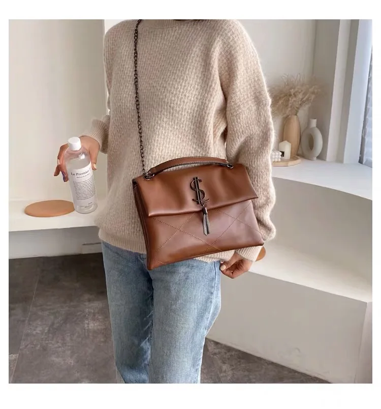 Bolso de hombro de cuero de para mujer, bolso de bandolera con cadena, Bolso grande de diseñador de marca famosa, bolso de