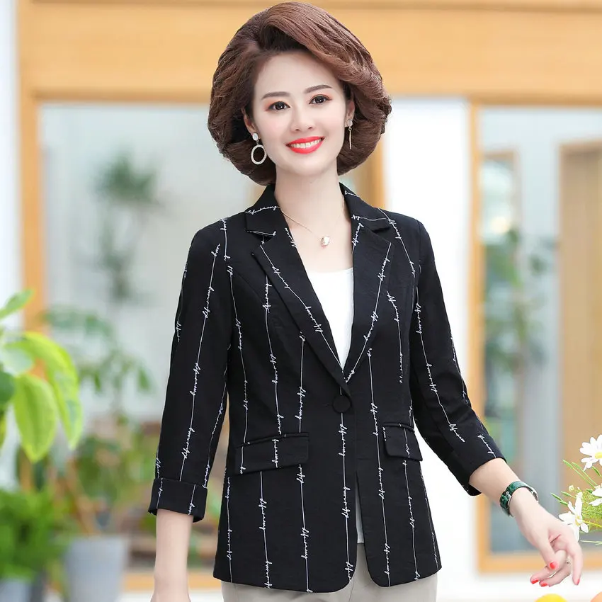 Mature Women Black Slim Fit Blazer Autumn Spring Three Quarter Sleeve Notched Collar Jacket Suit Middle Aged Woman Blazers XXXXL