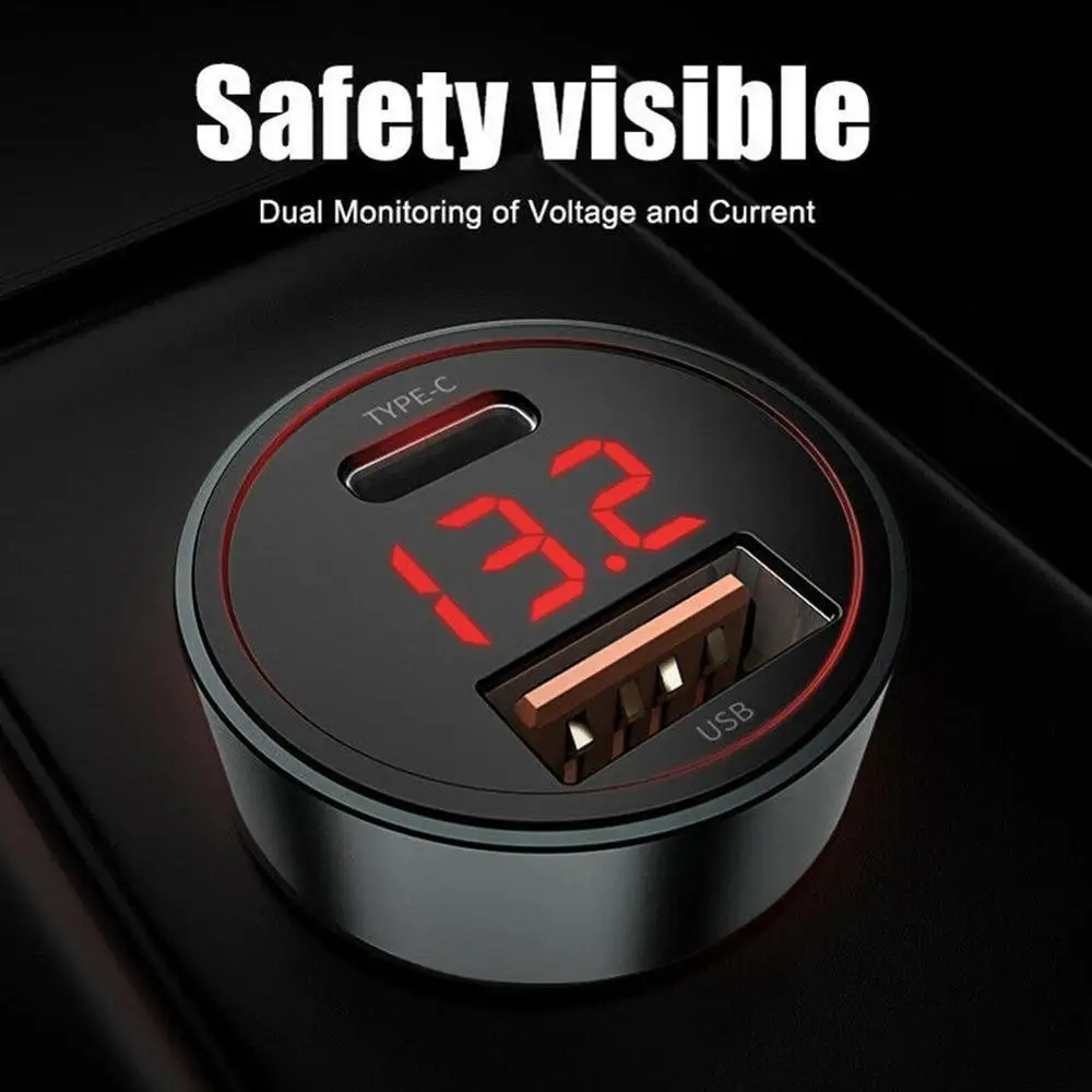 

New Hot Car Charger USB Type-C Port Fast Charging Alloy LED Screen Charger For Vehicle Vehicle Charger