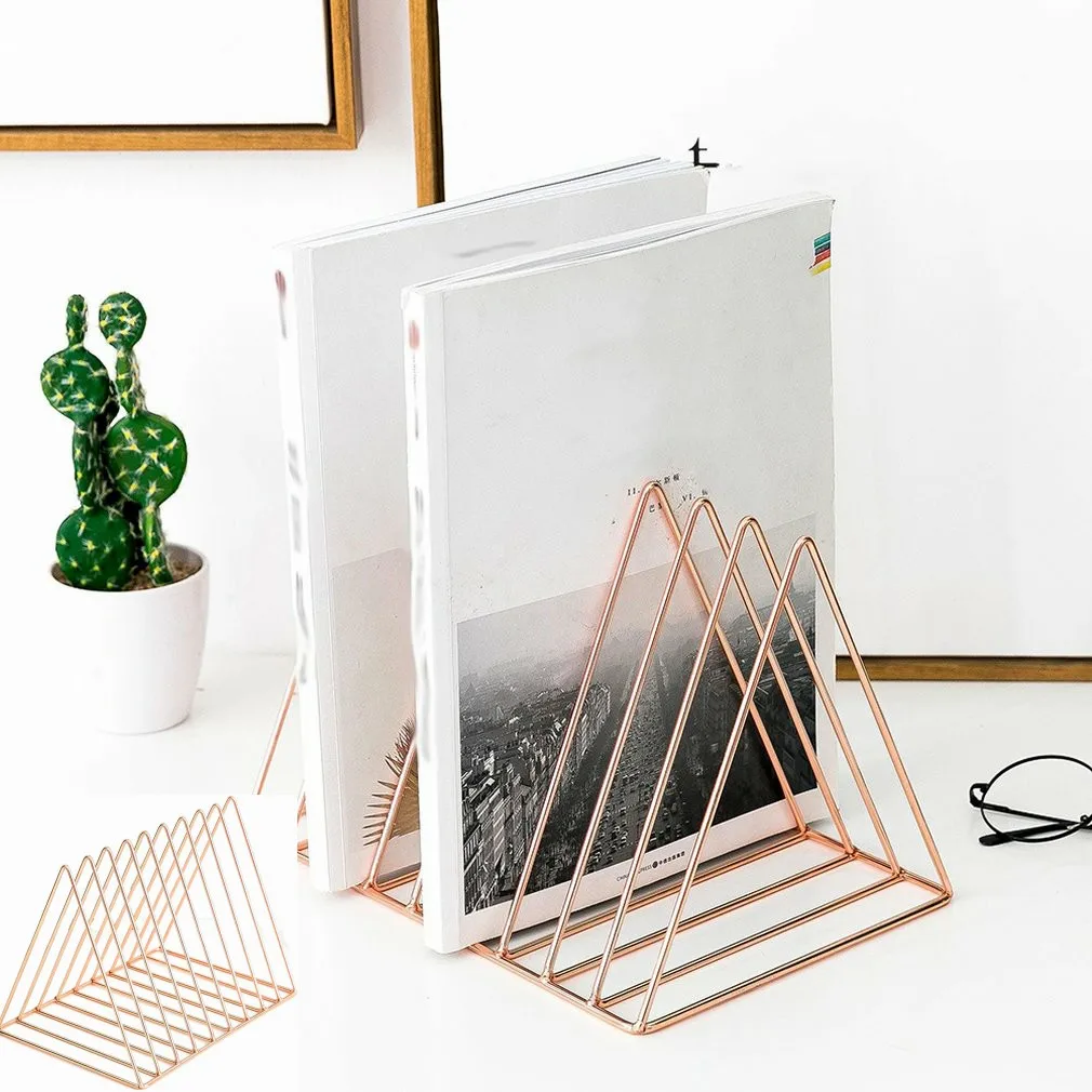 Best Nordic Style Ornaments Triangle Rose Gold Book Stand Metal Telescopic Folding Bookshelf Magazine Rack