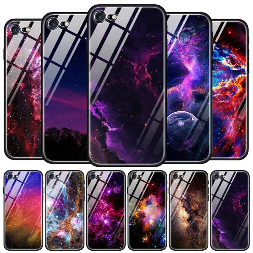 

Tempered Glass Case for Apple iPhone 8 7 6 6S Plus Case Cover for iPhone 11 11Pro XS MAX XR X Silicone Edge Star Space Gradient