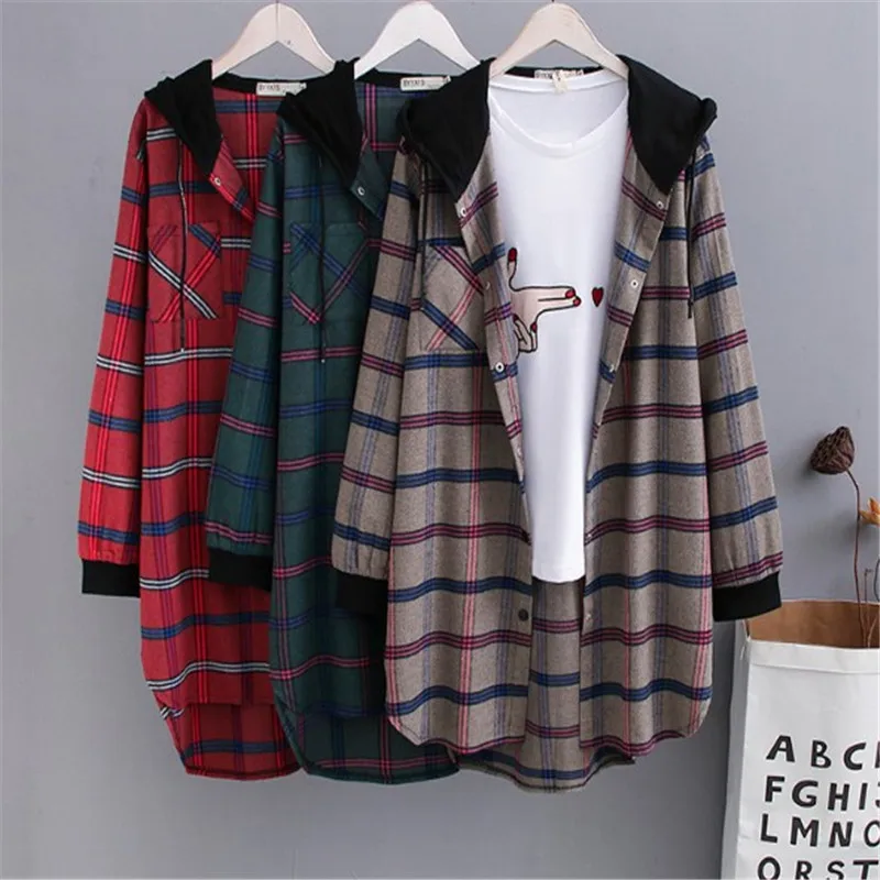 

3xl-6xl women's spring plus-size coat 2019 new tops long sleeve plaid women's hoodie shirts blouses