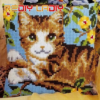 

Cross Stitch Cushion Playful Kitten Make Your Own Pillow DIY Chunky Cross Stitch Kit Pre-Printed Canvas Acrylic Yarn Pillow Case