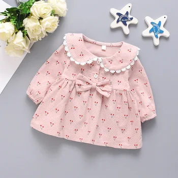 

NEW Newborn Infant Baby Girls Kids Winter Dress Kids Long Sleeve Cherry Cotton Lace Cute Bow Dress Outfits Set Clothes for 0-4T