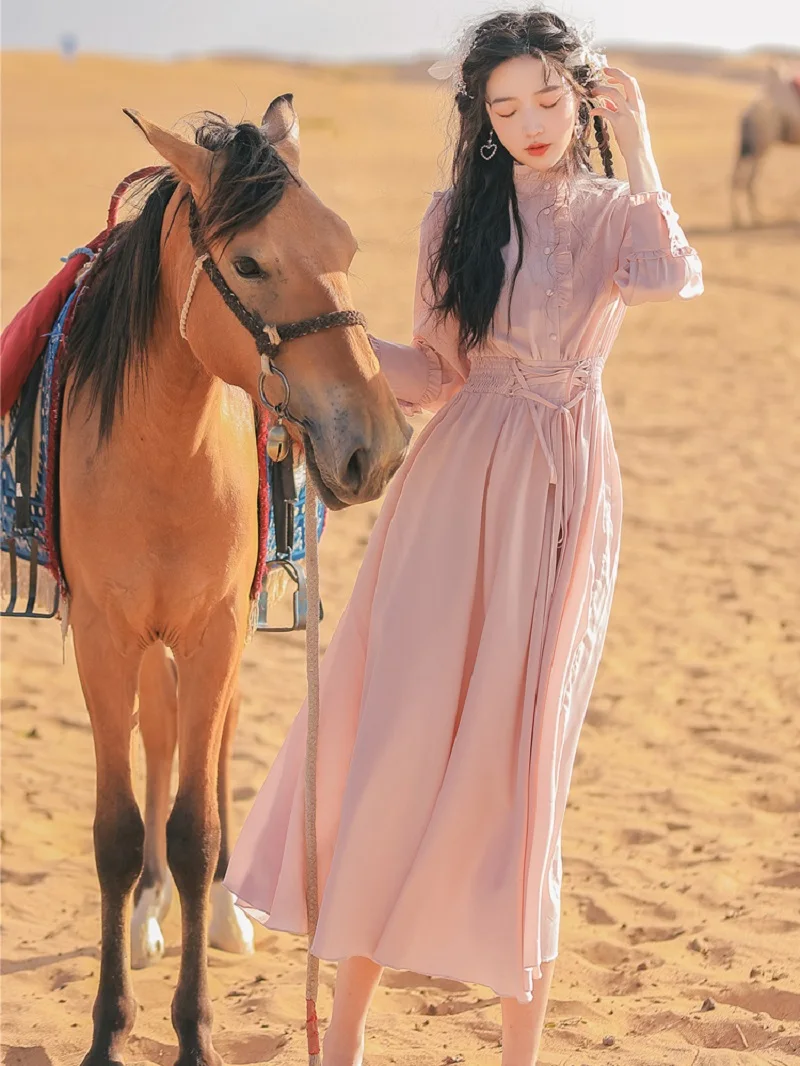 

Sweet Vestido Longo Festa Stand Collar Solid Belt Faldas Largas Elegant Long Sleeve Chiffon Party Maxi Dresses for women 2022