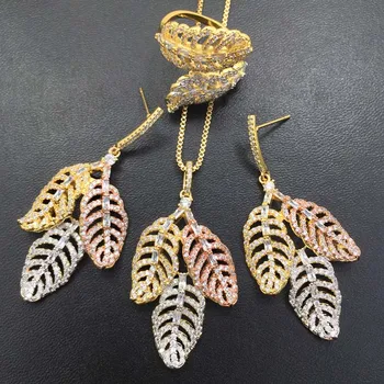 

Vanifin Fashion Jewelry Modern Simple Hollow Leaf Full Shiny Zircon Plated Necklace with Earrings and Ring Party Bridal Best Gi