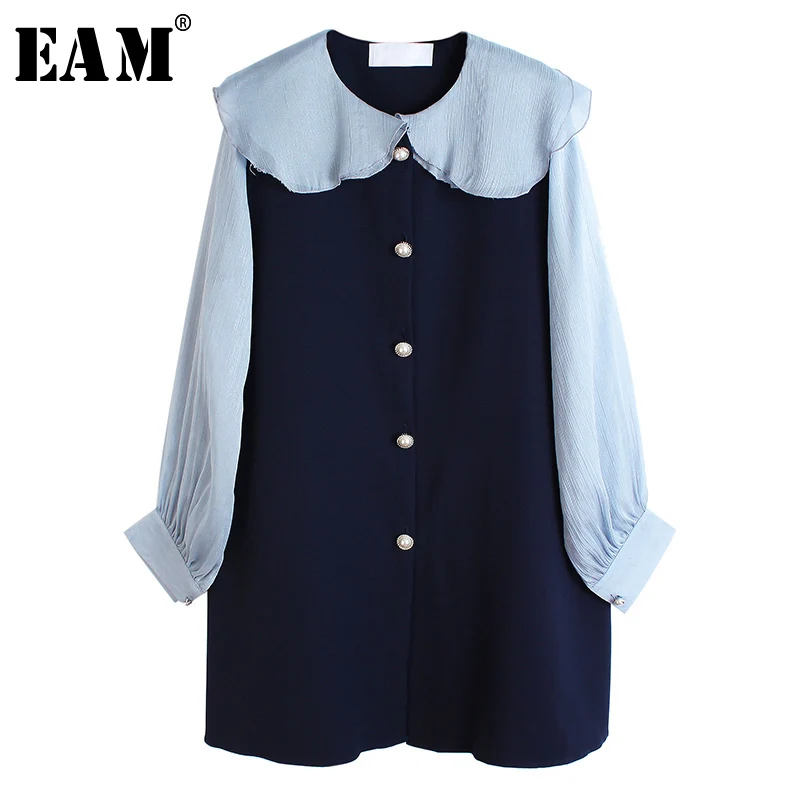 

[EAM] Womencontrast Color Split Big Size Temperament Dress New Lapel Long Sleeve Loose Fit Fashion Tide Spring Autumn 2020 1S286