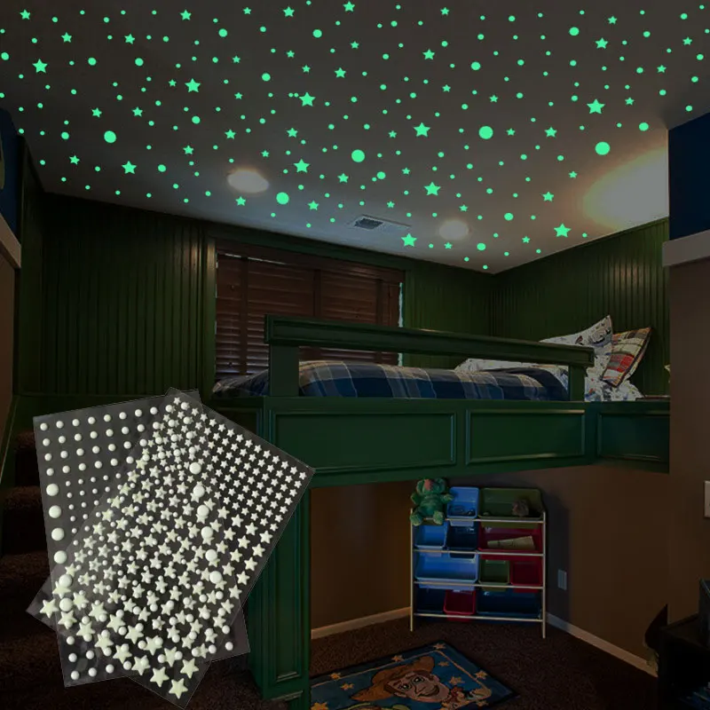 Pegatinas de pared 3D de estrellas luminosas para habitación de niños, calcomanías de decoración del hogar que brillan en la oscuridad, papel tapiz artesanal, 202 unids/set por juego